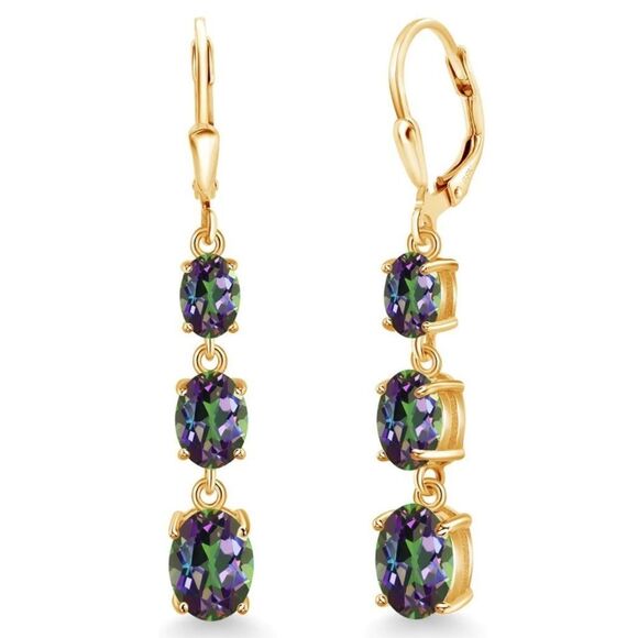 18K Yellow Gold with 6.35 Cttw 3 Stone Green Mystic Topaz Leverback Earrings - Picture 1 of 5